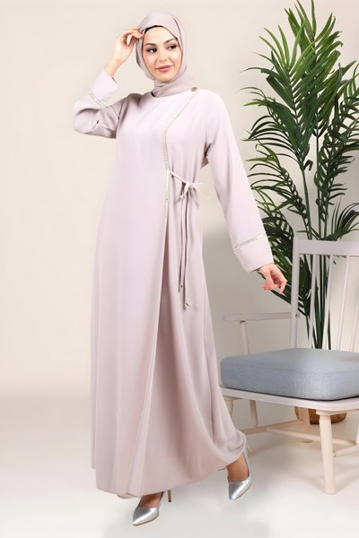 Bej Arduva Kruvaze Kapama Yapışkan Taş Detaylı Tesettür Elbise