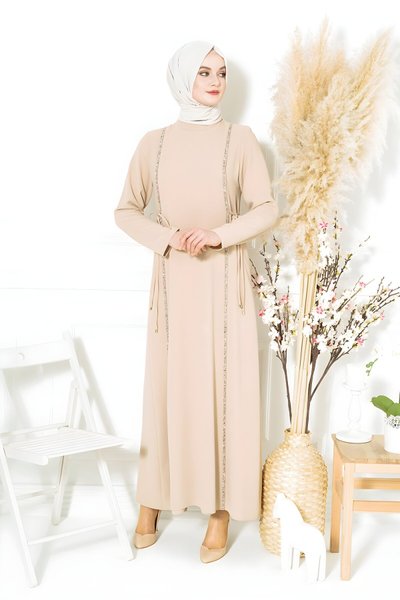 Bej Aydan Taş Şeritli Abiye Tesettür Elbise