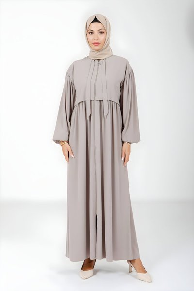 Bej Bolero Detaylı Yakası Bağlamalı Ferace