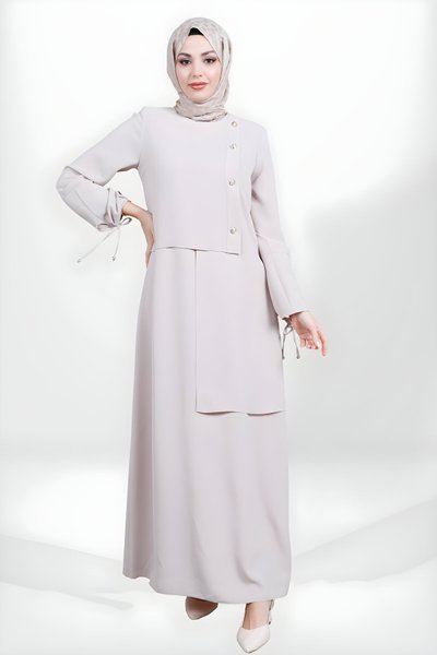 Bej Düğme Detaylı Kolu Bağlamalı Tesettür Elbise