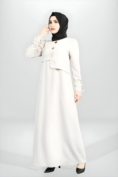 Bej Düğme Detaylı Kolu Büzgülü Tesettür Elbise