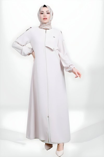 Bej Fermuarlı Apoletli Kolu Lastikli Ferace