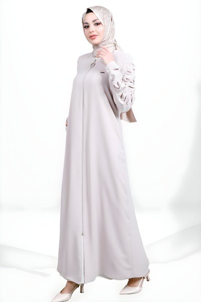 Bej Fermuarlı Kolu Büzgülü Yandan Cepli Ferace