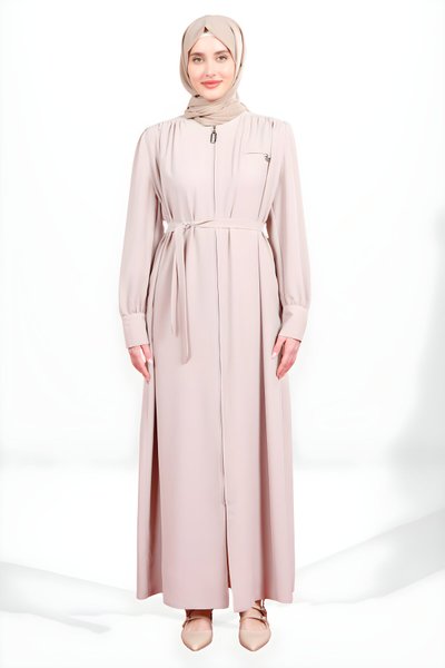 Bej Fermuarlı Seyyar Kuşaklı Ferace