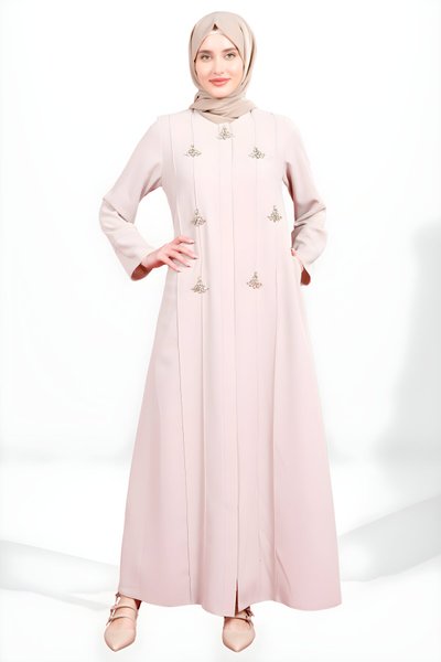 Bej Fermuarlı Taş Aksesuarlı Yandan Cepli Ferace