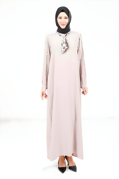 Bej Fularlı Tesettür Elbise