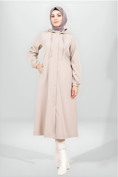 Bej Kapüşonlu Çıtçıt Düğmeli Yağmurluk Trençkot