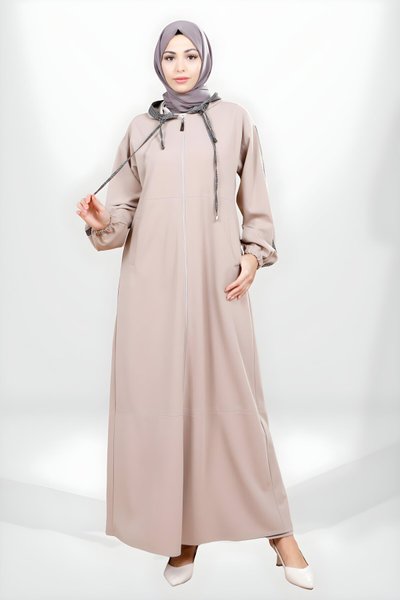 Bej Kapüşonlu Garnili Ferace