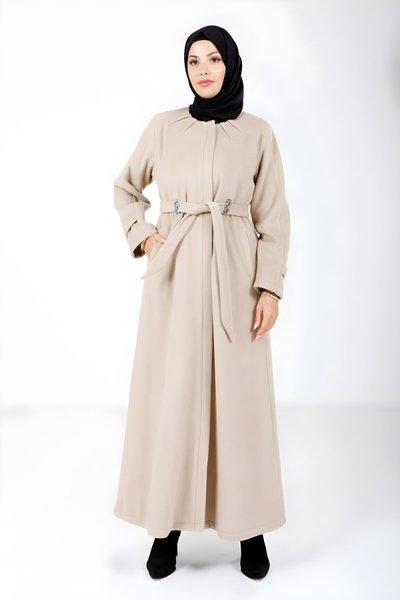 Bej Kışlık Moscova Kemerli Tesettür Kaban