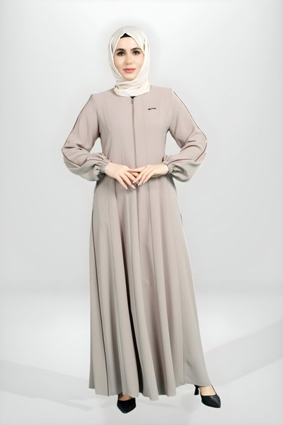 Bej Kloş Kesim Fermuarlı Biye Detaylı Ferace