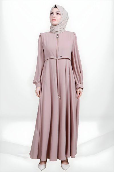 Bej Kloş Kesim Fermuarlı Bolero Detaylı Ferace