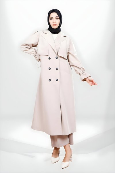 Bej Kolu Büzgülü Sırt Detaylı Trençkot