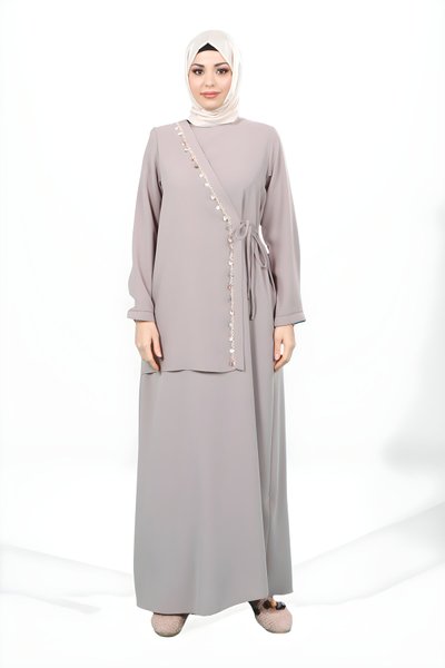 Bej Midye Şeritli Yandan Bağlama Detaylı Tesettür Abiye Elbise