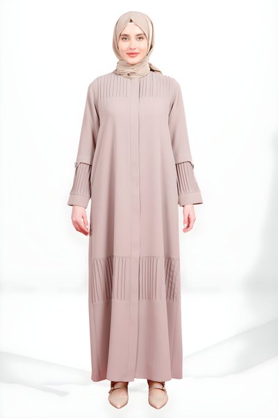 Bej Nervürlü Fermuarlı Yandan Cepli Ferace