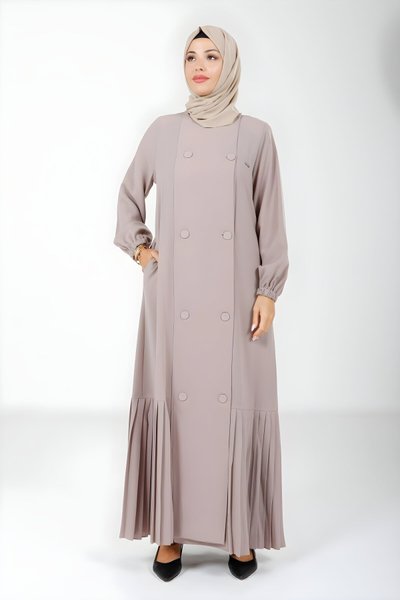 Bej Pliseli Düğmeli Yandan Cepli Ferace