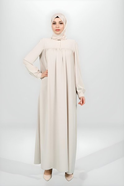 Bej Robadan Kesim Manşeti Düğmeli Tesettür Elbise