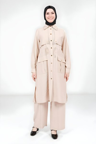 Bej Tunik Pantolon Tesettür Takım