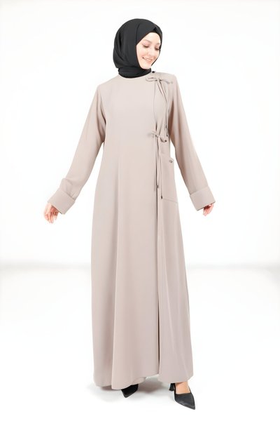 Bej Yandan Bağlama Detaylı Ferace