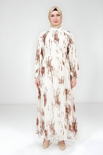 Beyaz Kahverengi Baskılı Şifon Tesettür Elbise