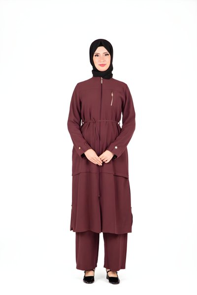 Bordo Alt Üst İkili Halka Aksesuar Detaylı Tesettür Takım