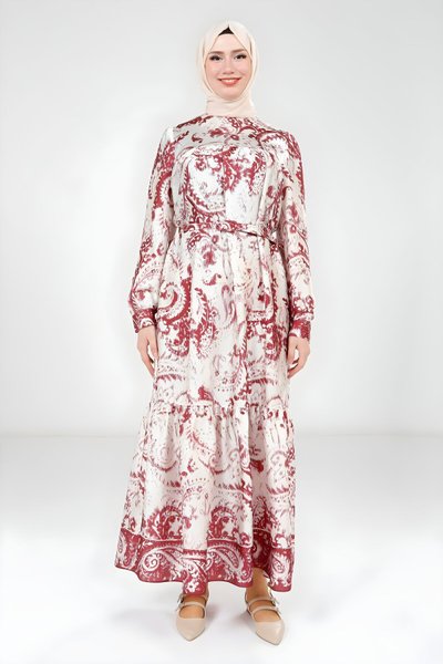 Bordo Baskılı Kemerli Tesettür Elbise