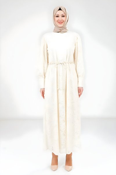 Ekru Dantel Detaylı Tesettür Abiye Elbise