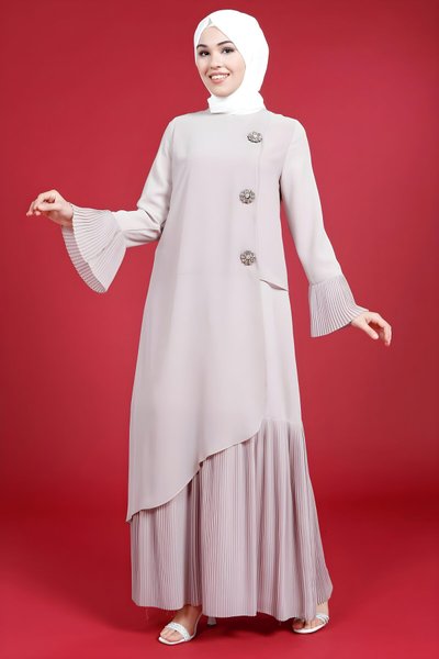 Eteği Pliseli Taş Çiçek Detaylı Tesettür Elbise