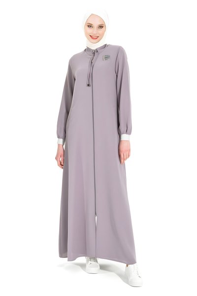 Gri Banu Taş İşlemeli Broş Detaylı Ferace