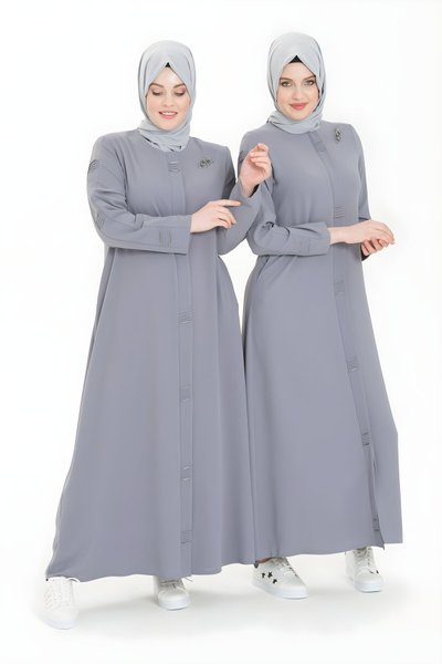 Gri Boncuk İşlemeli Nervür Detaylı Ferace