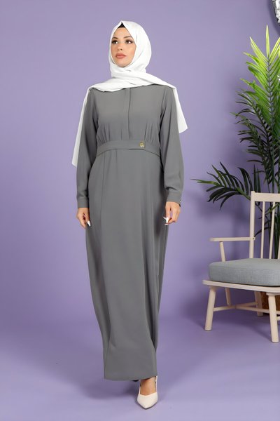 Gri Dolunay Kloş Kesim Beli Kemerli Tesettür Elbise