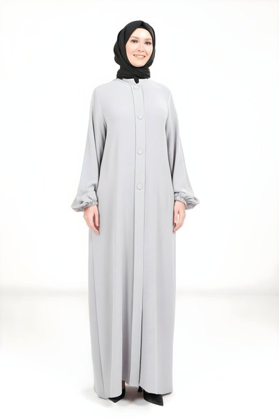 Gri Düğme Aksesuarlı Ferace