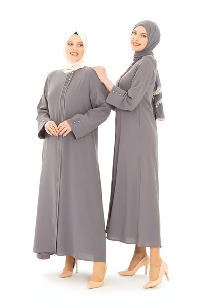 Gri Kalın Manşetli Nervür Taş Detaylı Ferace