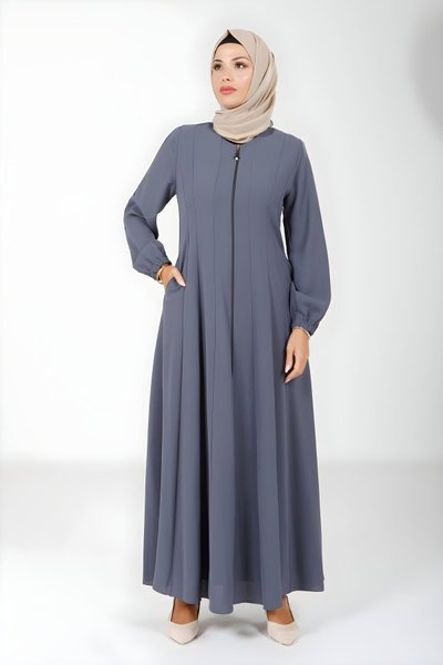 Gri Kloş Kesim Fermuarlı Biye Detaylı Ferace