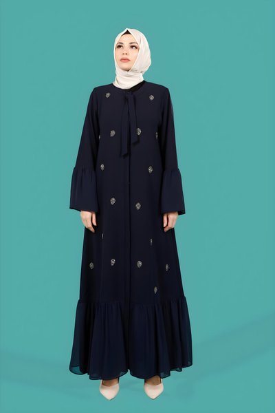 Gri Lacivert Taşlı Yakası Bağlamalı Şifon Detaylı Ferace