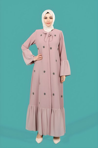 Chiffon Detail Pink Stone Embellished Tie-Collar Abaya - Grey