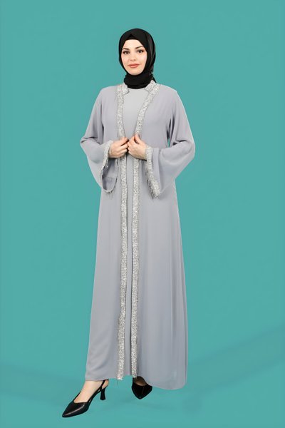 Gri Şifon Hırkalı Şakira Taşlı Ferace