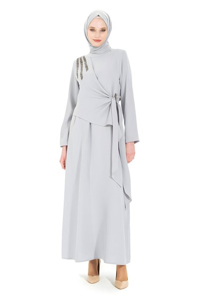 Gri Sonay Omuzdan Taş Detaylı Tesettür Abiye Elbise