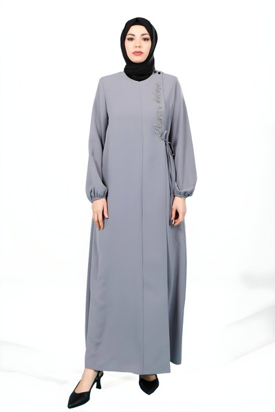 Gri Yandan Bağlamalı Nakış Detaylı Ferace