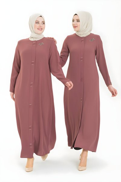 Gül Kurusu Boncuk İşlemeli Nervür Detaylı Ferace