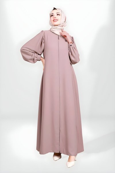 Gül Kurusu Kloş Kesim Fermuarlı Büzgülü Ferace