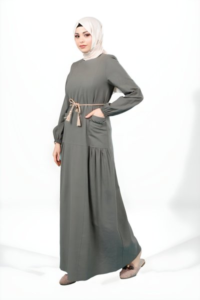 Haki Bisiklet Yaka Seyyar İp Kemerli Cebi Taşlı Tesettür Elbise