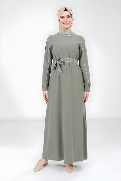 Haki Biye Detaylı Tesettür Elbise