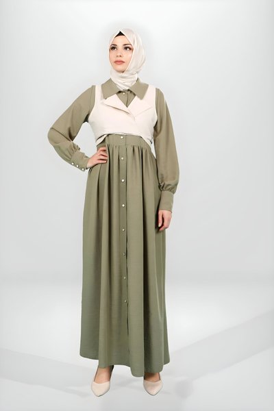 Haki Düğmeli Yelek Detaylı Tesettür Elbise