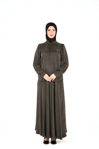 Haki İkili Etekli Yakası Düğmeli Tesettür Takım