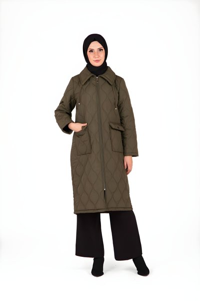 Haki Kapitone Bağcık Detaylı Tesettür Kaban