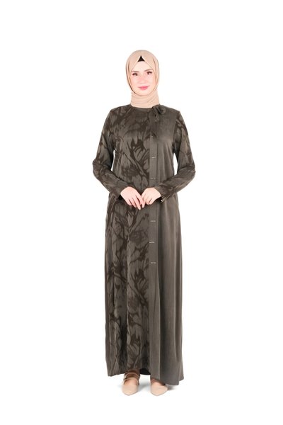 فستان محتشم كاكي بنقش ذاتي بتفصيل شريطة الياقة