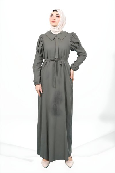Haki Keten Volan Kol Seyyar Kemerli Tesettür Elbise
