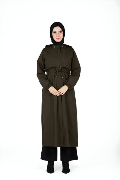 Haki Seyyar Kapüşonlu Trençkot