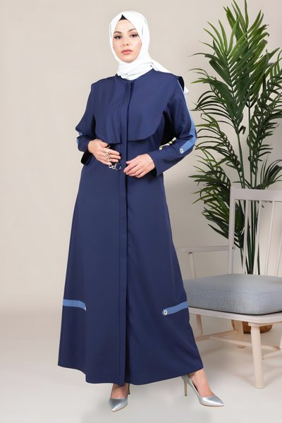 İndigo Bafra Kapüşonlu Zincir Detaylı Ferace