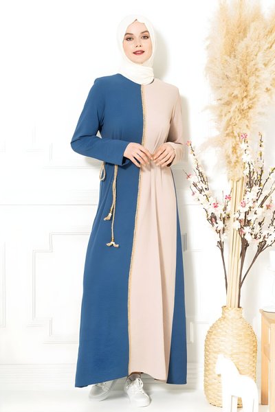İndigo Bloklu Hasır Kuşaklı Tesettür Elbise